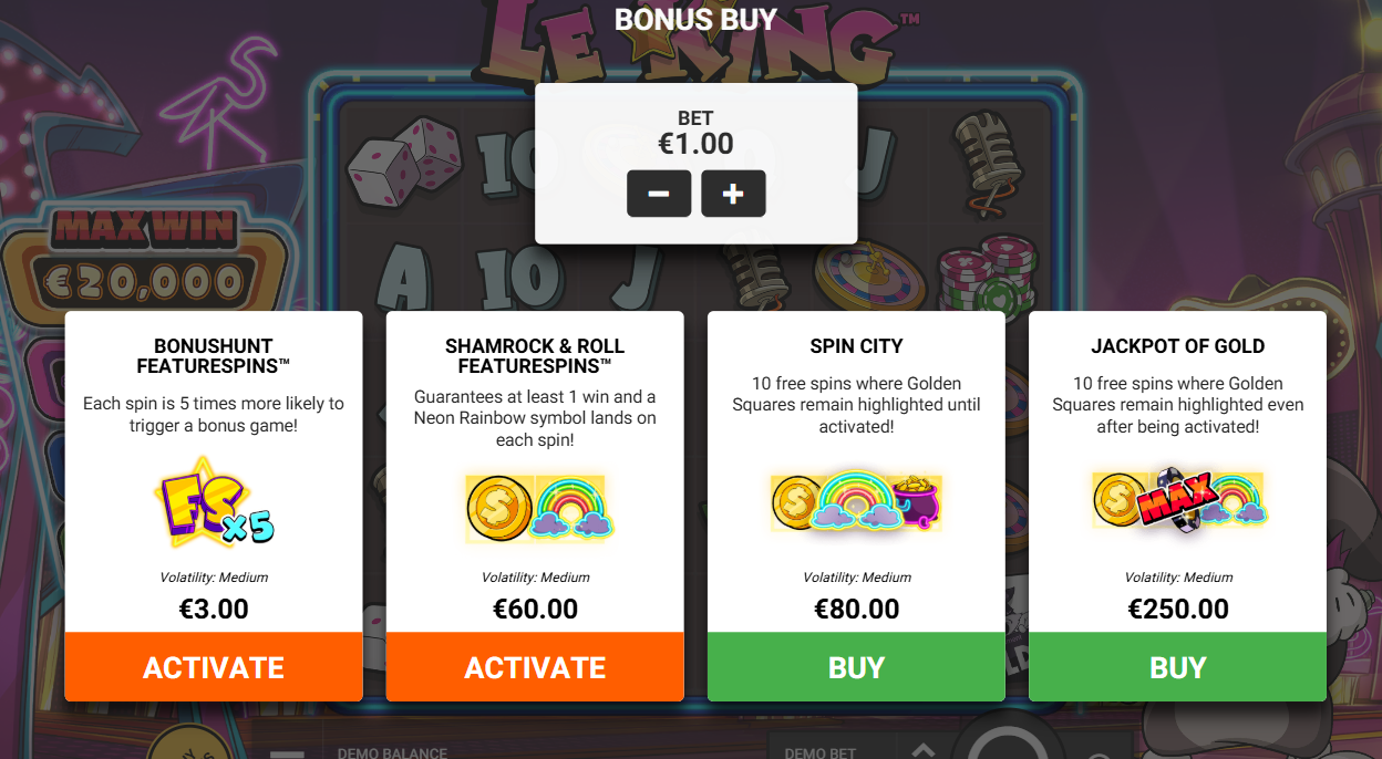 Hacksaw GamingのLe Kingスロット、ゲーム内のボーナス購入オプションと価格メニュー, Flush