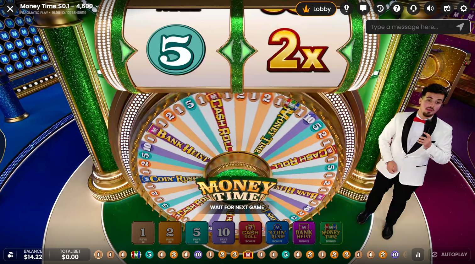Bet Boosterがシンボルの倍率を上げる中、回転するPragmatic Play LiveのMoney Timeのホイール、Flush