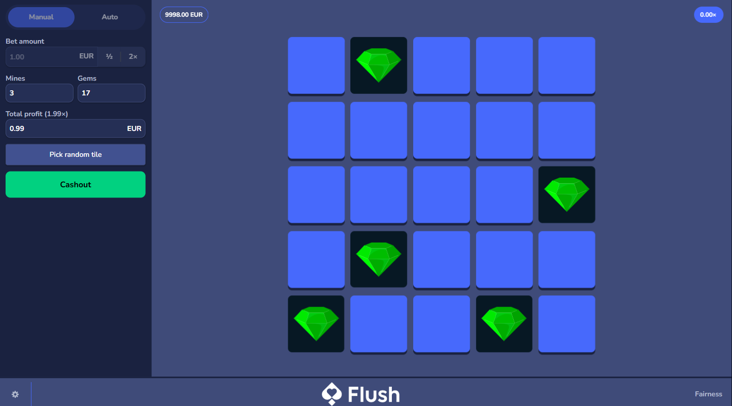 Flush CasinoのMinesのプレイ画面。ダイヤモンドのシンボルが現れ、スリリングなOriginalsの体験を演出しています。