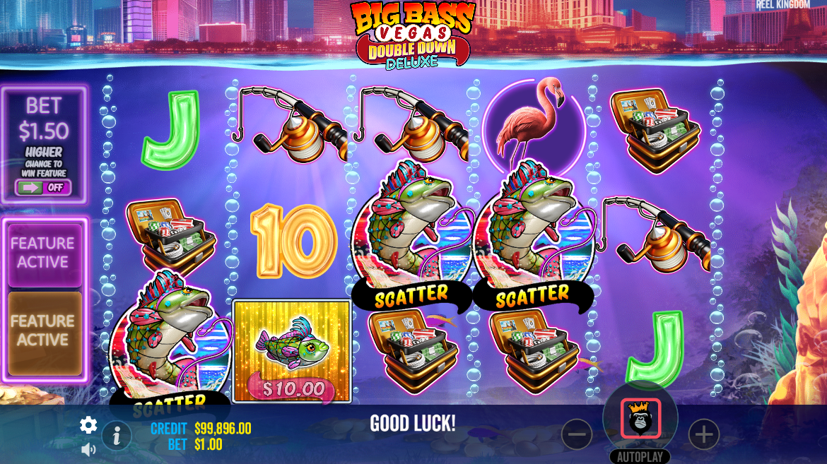 Pragmatic PlayのBig Bass Vegas Double Down Deluxeのリール。3つのBig Bassスキャッターがフリースピンモードをトリガーしている - Flush