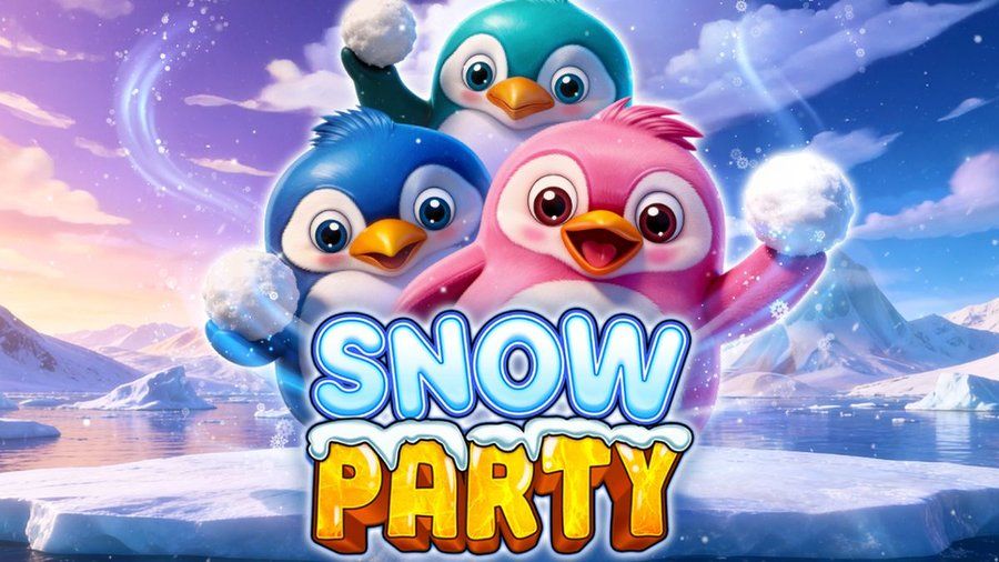 펭귄 캐릭터와 게임 로고가 담긴 Pragmatic Play의 북극 테마 클러스터 페이 슬롯 Snow Party 공식 아트워크
