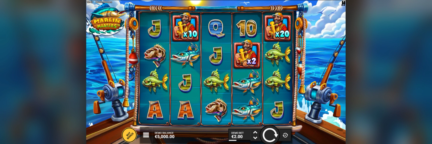 Marlin Masters OG base game screenshot, showing the 5x4 reel grid mid-spin with royal symbols, fish paytable symbols, and two Fisherman collector symbols carrying x10 and x2 multipliers