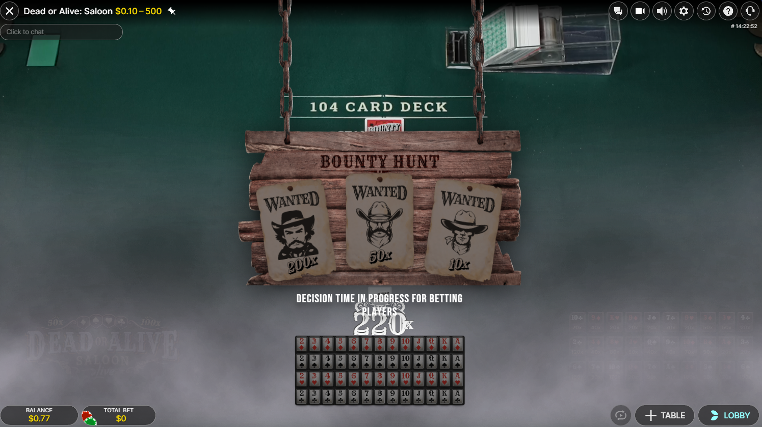 Evolution の Dead or Alive Saloon の Bounty Hunt ボーナス機能、マルチプライヤー付きの3枚の手配書 - Flush