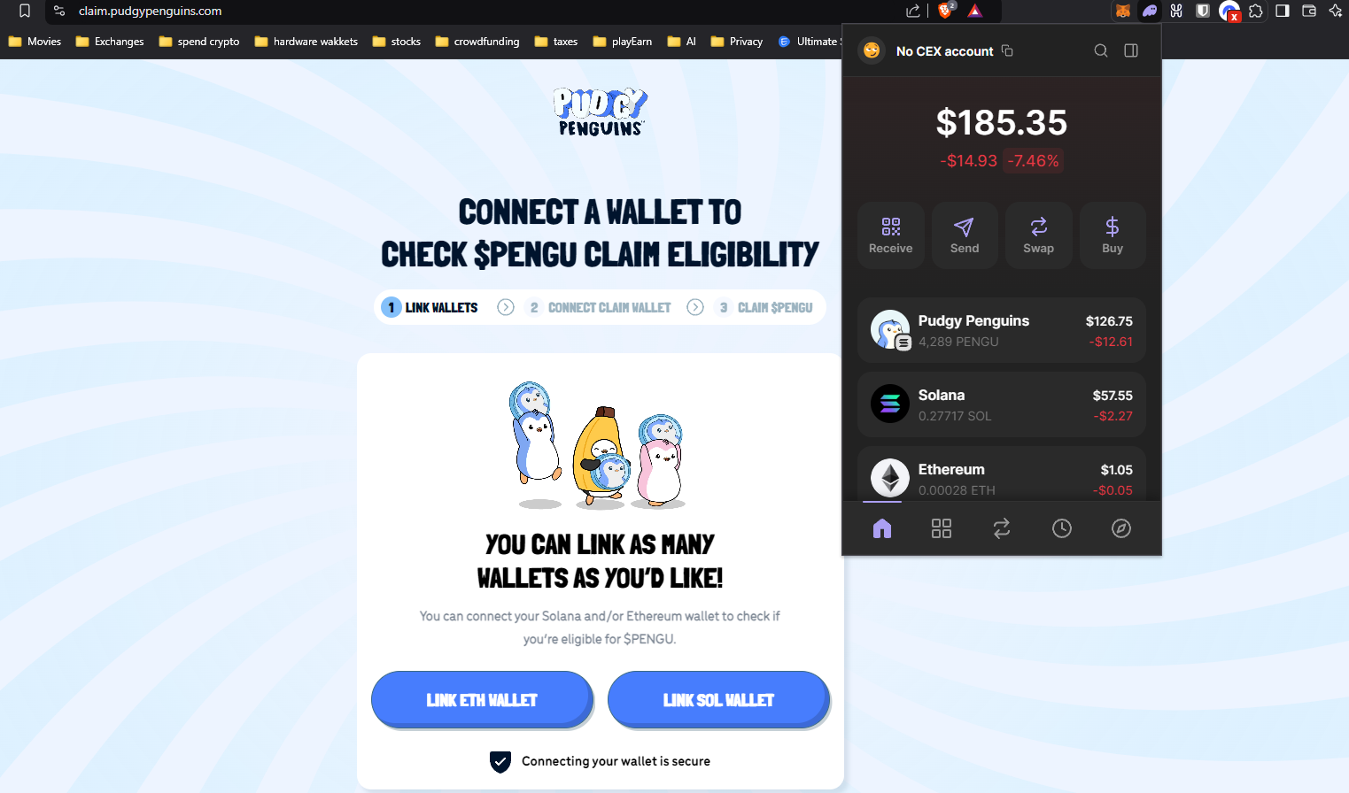 Phantom Wallet dashboard showing Pudgy Penguins airdrop claim page and small balances, including PENGU token - Flush
