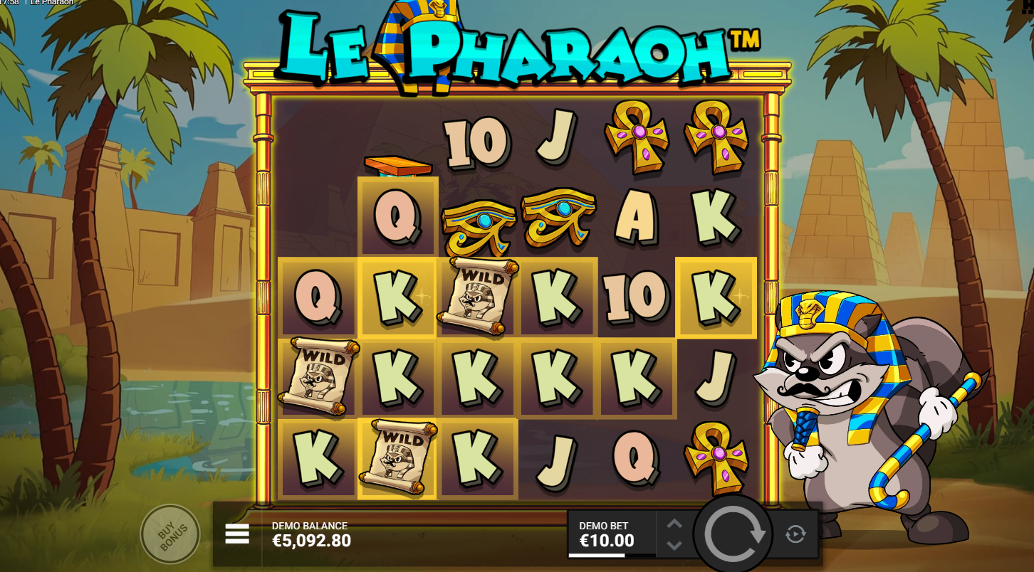 Le Pharaohスロットのメインリール、さまざまなシンボルとゴールデンスクエア - Hacksaw Gaming - Flush
