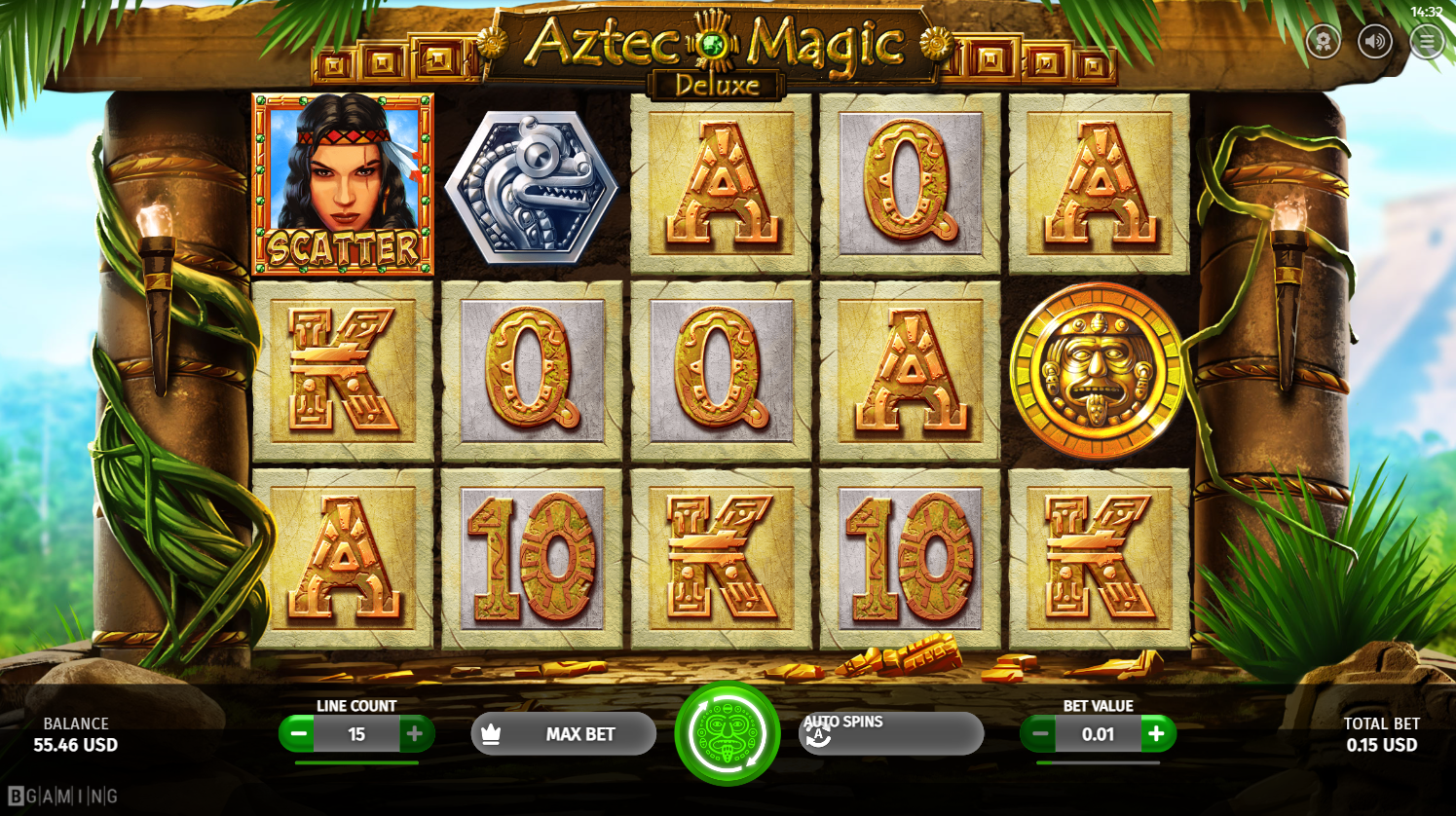 BGaming の Aztec Magic Deluxe スロットのメインゲームのリール、シンボルとペイライン、Flush