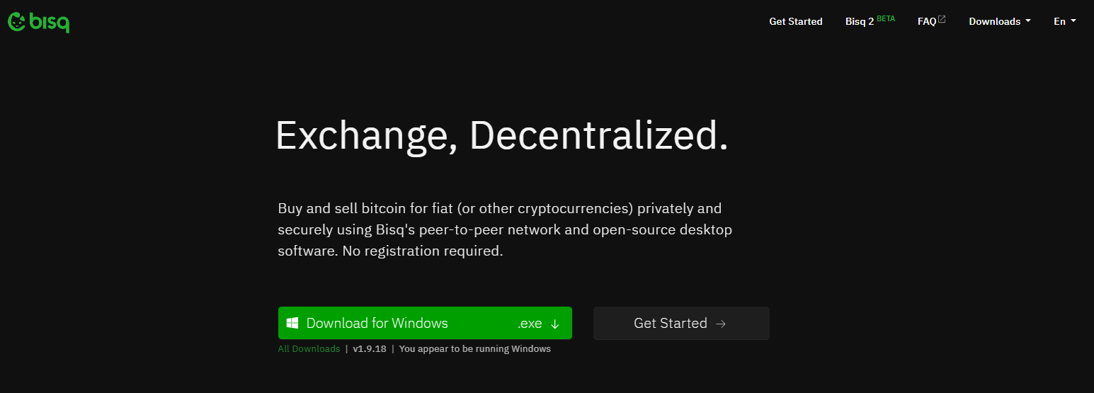 匿名でKYC不要のBitcoin P2P売買のためにクライアントのダウンロードを促すBisq Networkのホームページ - Flush