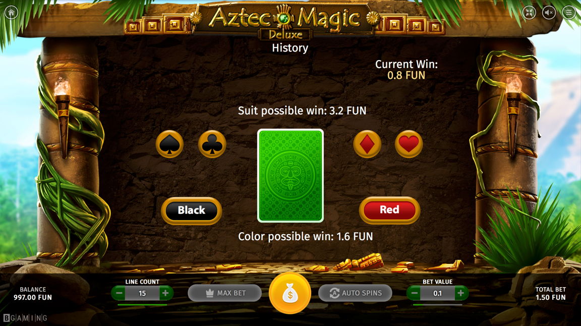 BGaming の Aztec Magic Deluxe スロットで、配当を2倍または4倍にできるギャンブル機能、Flush