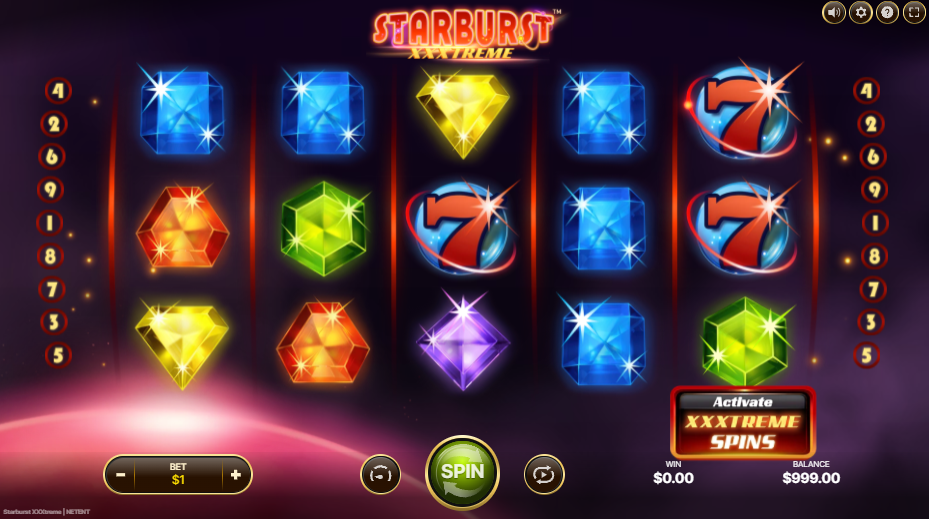 NetEntのStarburst XXXtremeスロット：高配当シンボルと低配当シンボルがリールに並ぶベースゲームのプレイ画面 - Flush。