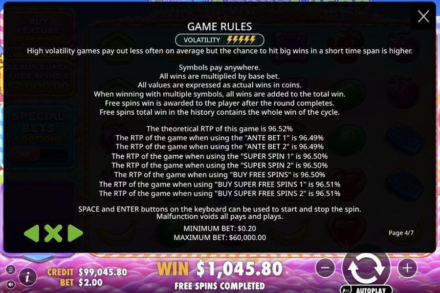 認定RTP 96.52%、高ボラティリティの表示、すべてのRTPバリエーション、そして「Free Spins Completed」の配当$1,045.80を示すSweet Bonanza 2500のゲームルール画面