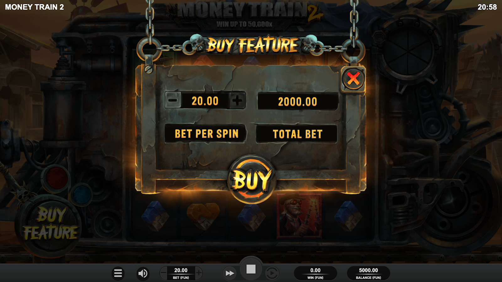 Relax GamingのMoney Train 2。基本ベット額の100倍でMoney Cart機能を発動するボーナス購入機能 - Flush