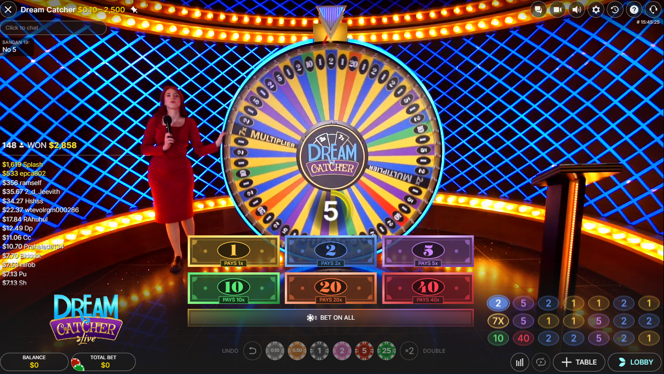 A screenshot of the live casino game show Dream Catcher by Evolution