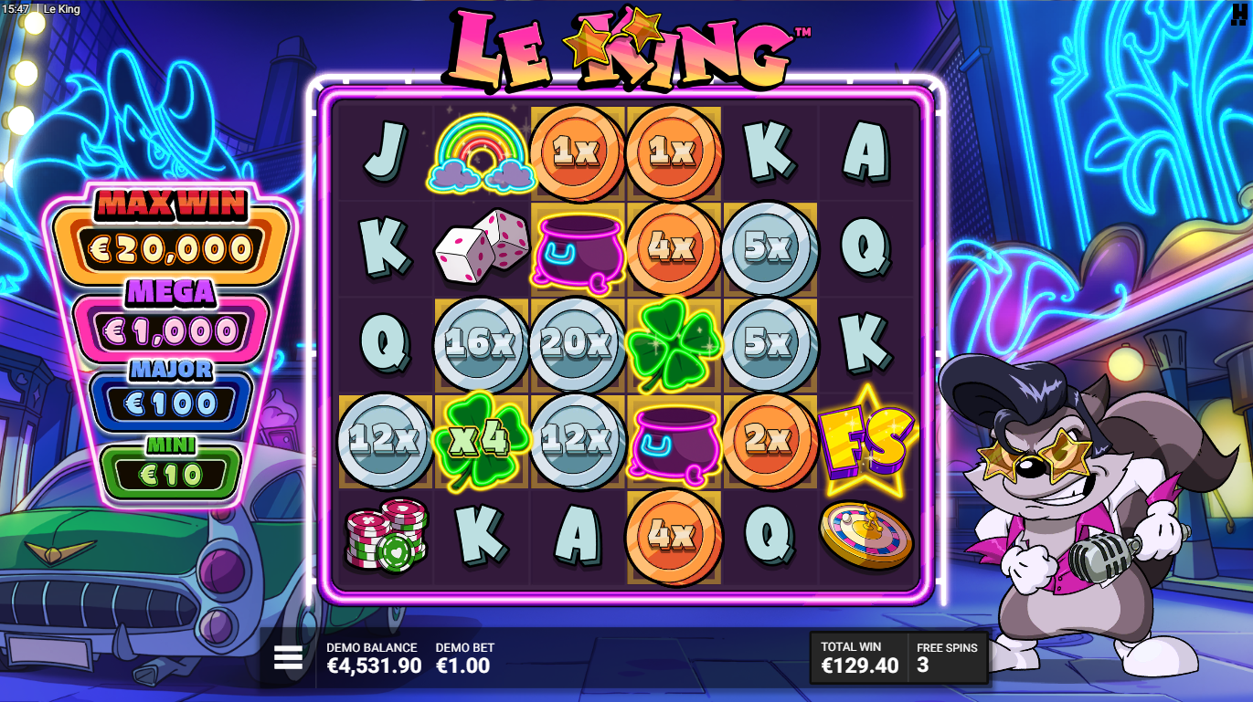 Hacksaw GamingのLe KingスロットのJackpot of Goldボーナス、ゴールデンスクエアとマルチプライヤー, Flush
