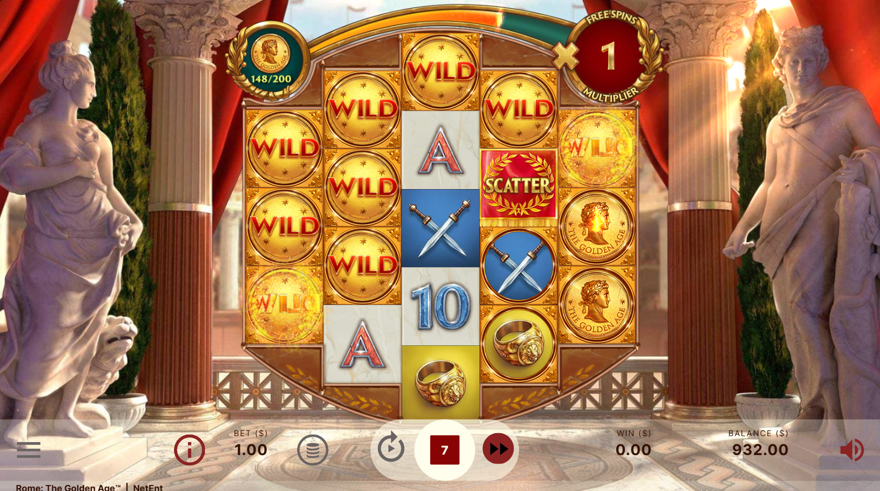 NetEntのRome: The Golden Ageスロットで、フレームコレクションとRomeシンボルがワイルドに変化している様子。 - Flush