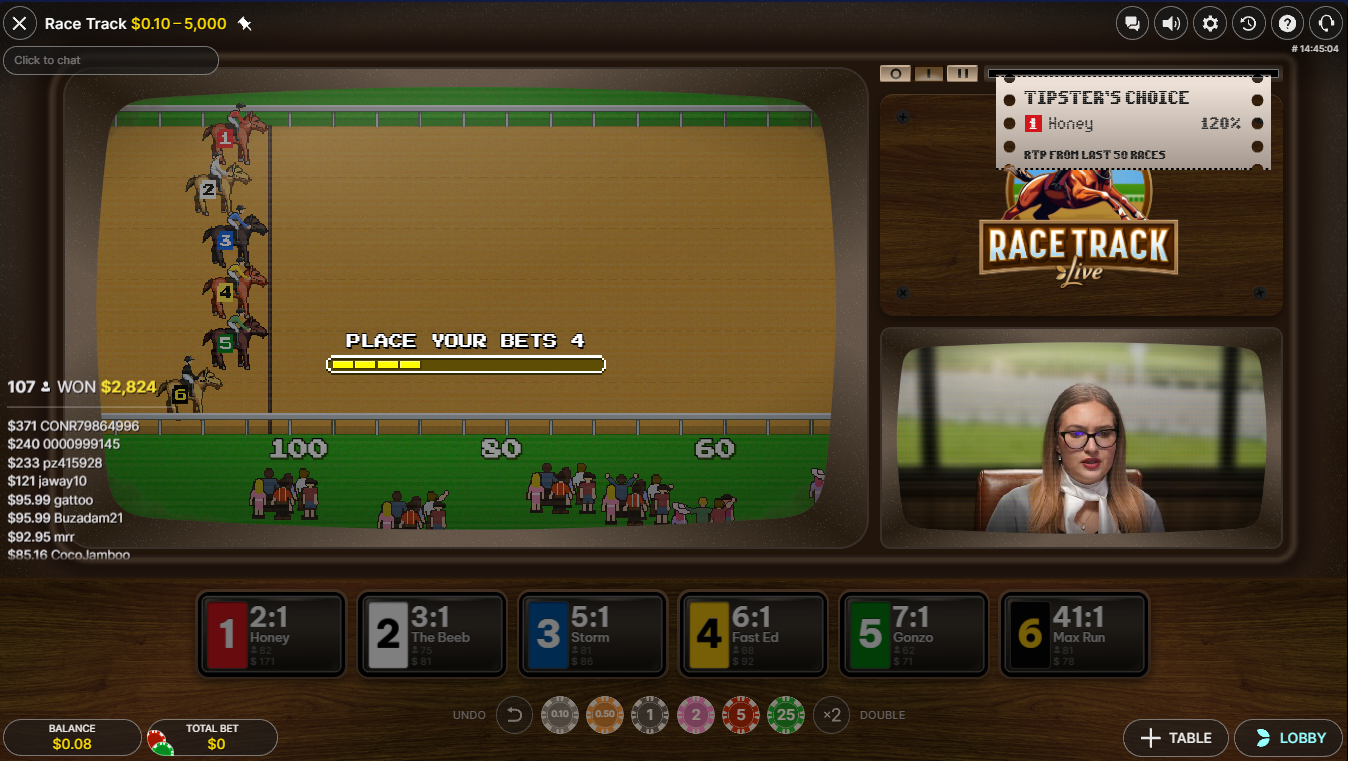EvolutionのRacetrack Live - おすすめの馬を強調表示したTipster's Choiceのチケットが表示されたベットフェーズ - Flush