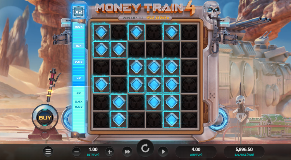 배수와 함께 기본 게임 리스핀 기능이 작동 중인 Relax Gaming의 Money Train 4 슬롯 릴 - Flush