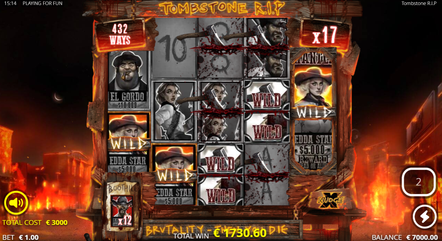 No Limit CityのTombstone R.I.Pスロット、倍率x17のBoothillフリースピンモード中のリール - Flush