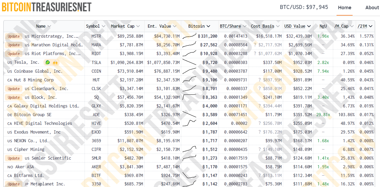 BitcoinTreasuries.net list of publicly traded companies with market cap, cost basis, profit, and % share of 21M BTC - Flush