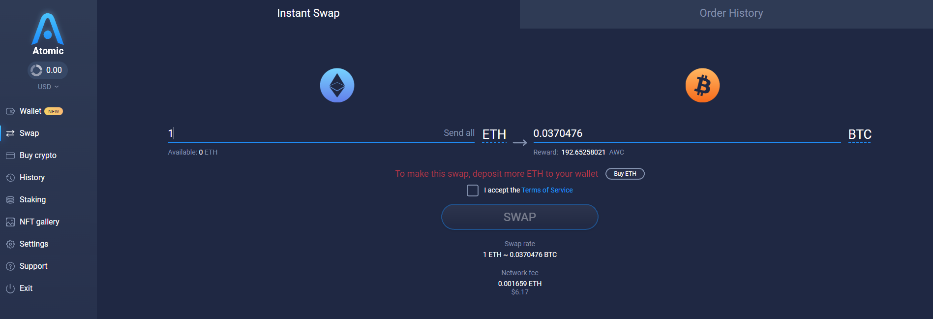 Atomic Wallet instant swap feature showing ETH to BTC exchange - Atomic Wallet - Flush