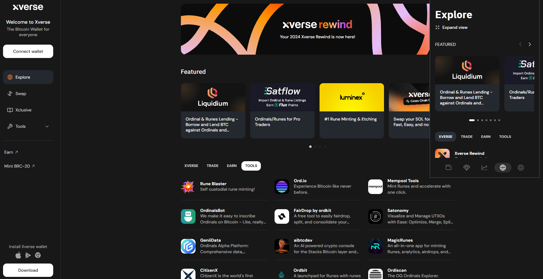 Xverse Wallet dApps library showing options for lending, borrowing, and minting or burning runes. - Flush