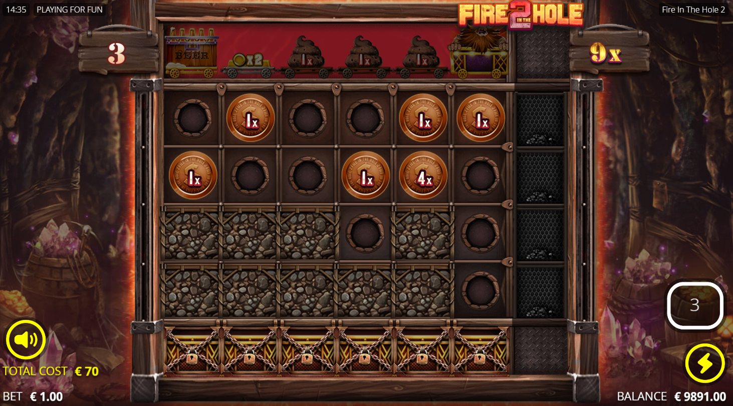 Nolimit CityのオンラインスロットFire in the Hole 2のフリースピンボーナスで、マルチプライヤーコインが表示されている様子 - Flush