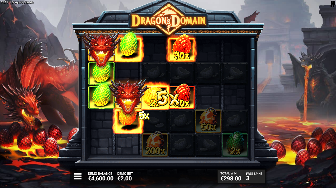 Hacksaw Gaming의 Dragon's Domain 슬롯 - 릴 위의 The Hatchery 보너스 배수 - Flush