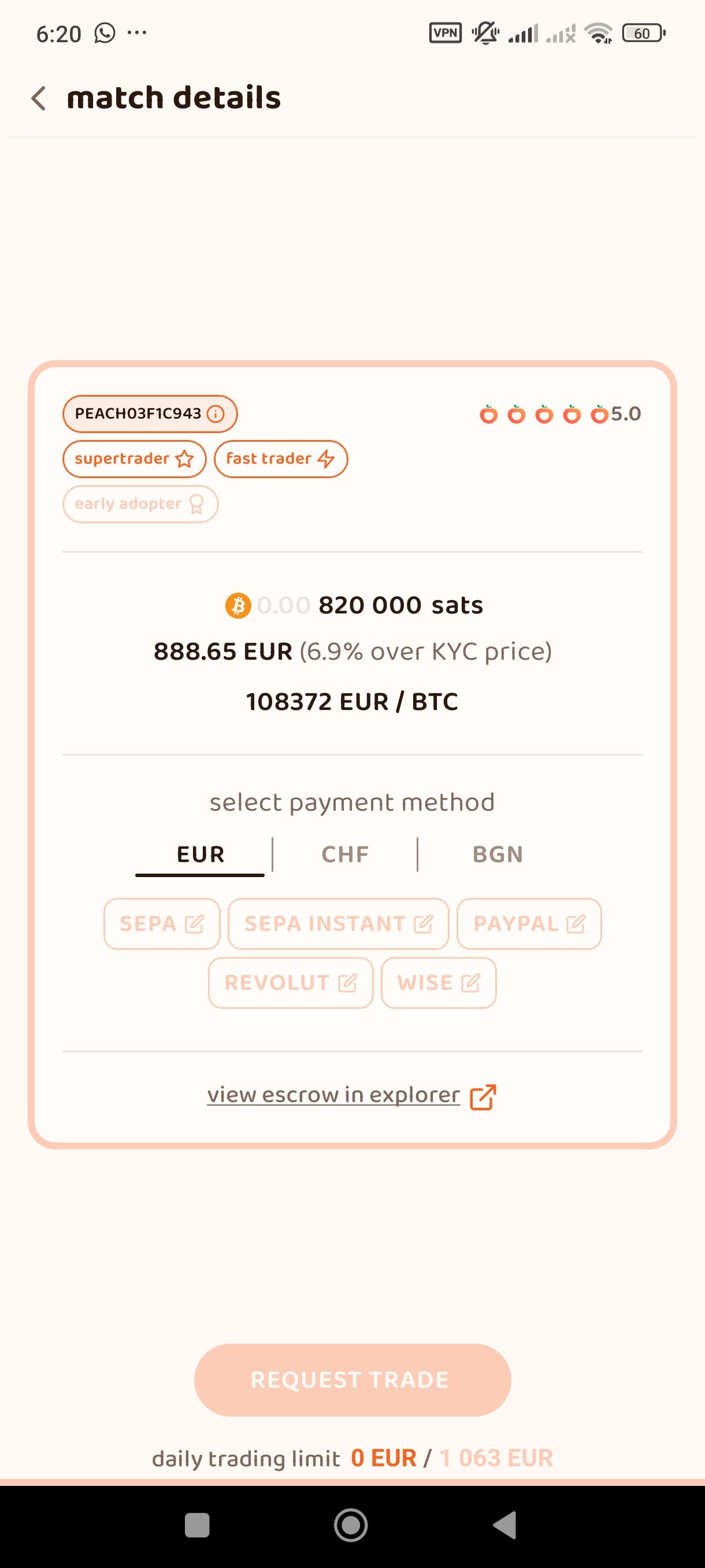 Detailed Bitcoin buying offer on Peach Bitcoin showing fiat currencies, payment providers, amount, and market premium - Flush