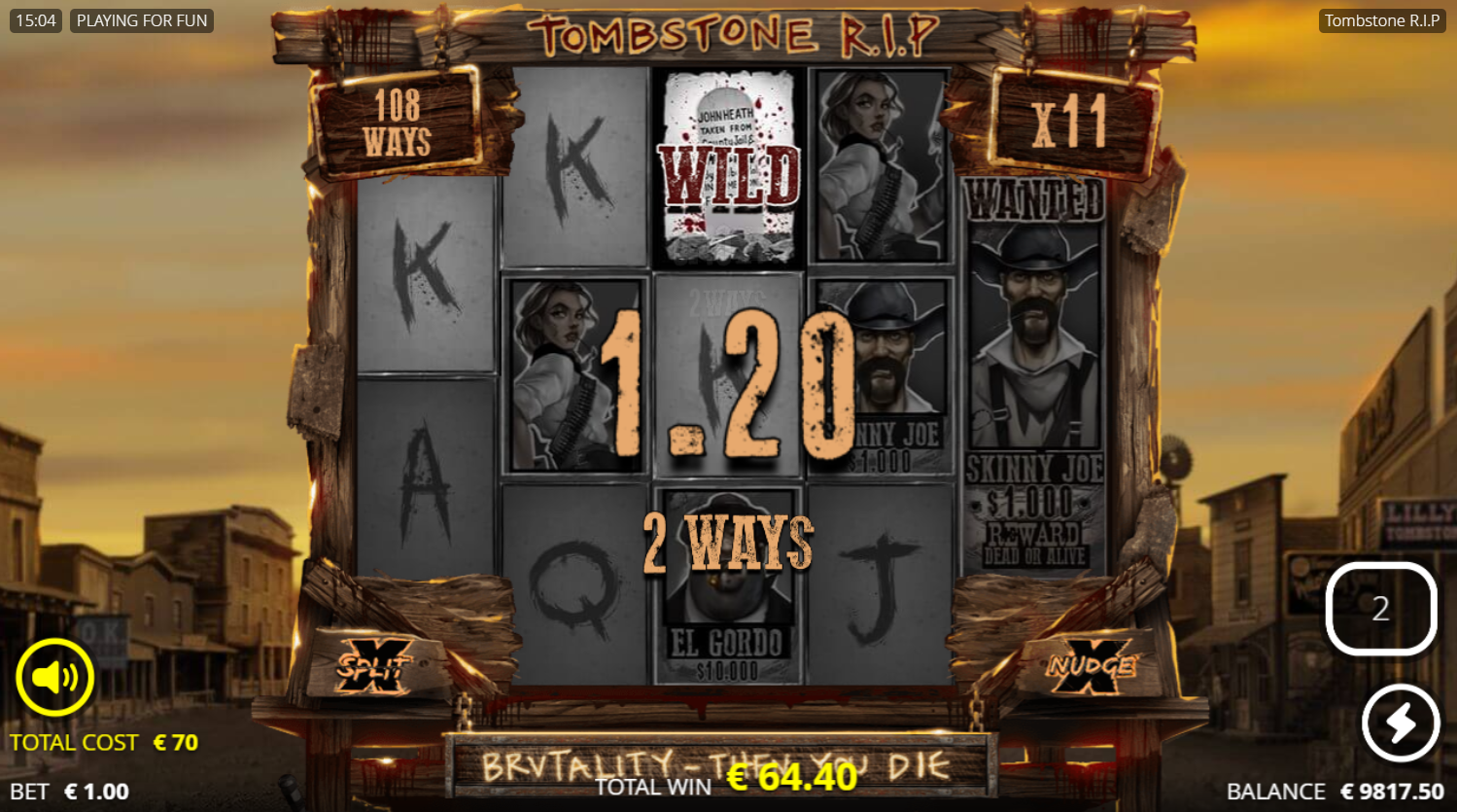 No Limit CityのTombstone R.I.Pスロット、倍率x11のHang 'Em Highフリースピンモード中のリール - Flush