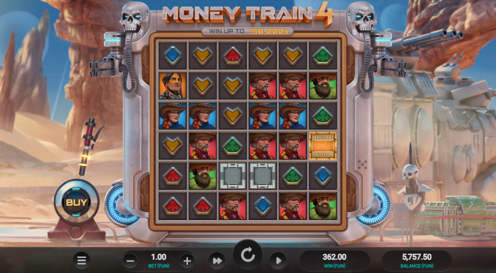 고배당 및 저배당 심볼이 표시된 6x6 릴의 Money Train 4 슬롯 메인 게임 화면 - Relax Gaming - Flush