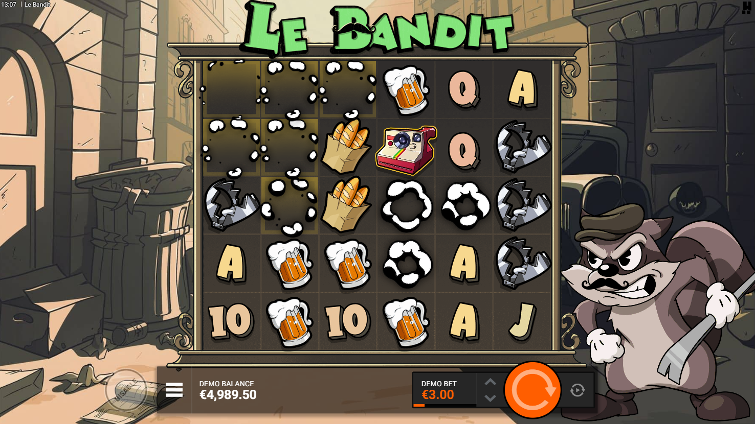 Hacksaw Gaming의 Le Bandit 슬롯 게임 - 당첨 심볼이 사라지고 새 심볼로 바뀌는 슈퍼 캐스케이드 기능 - Flush