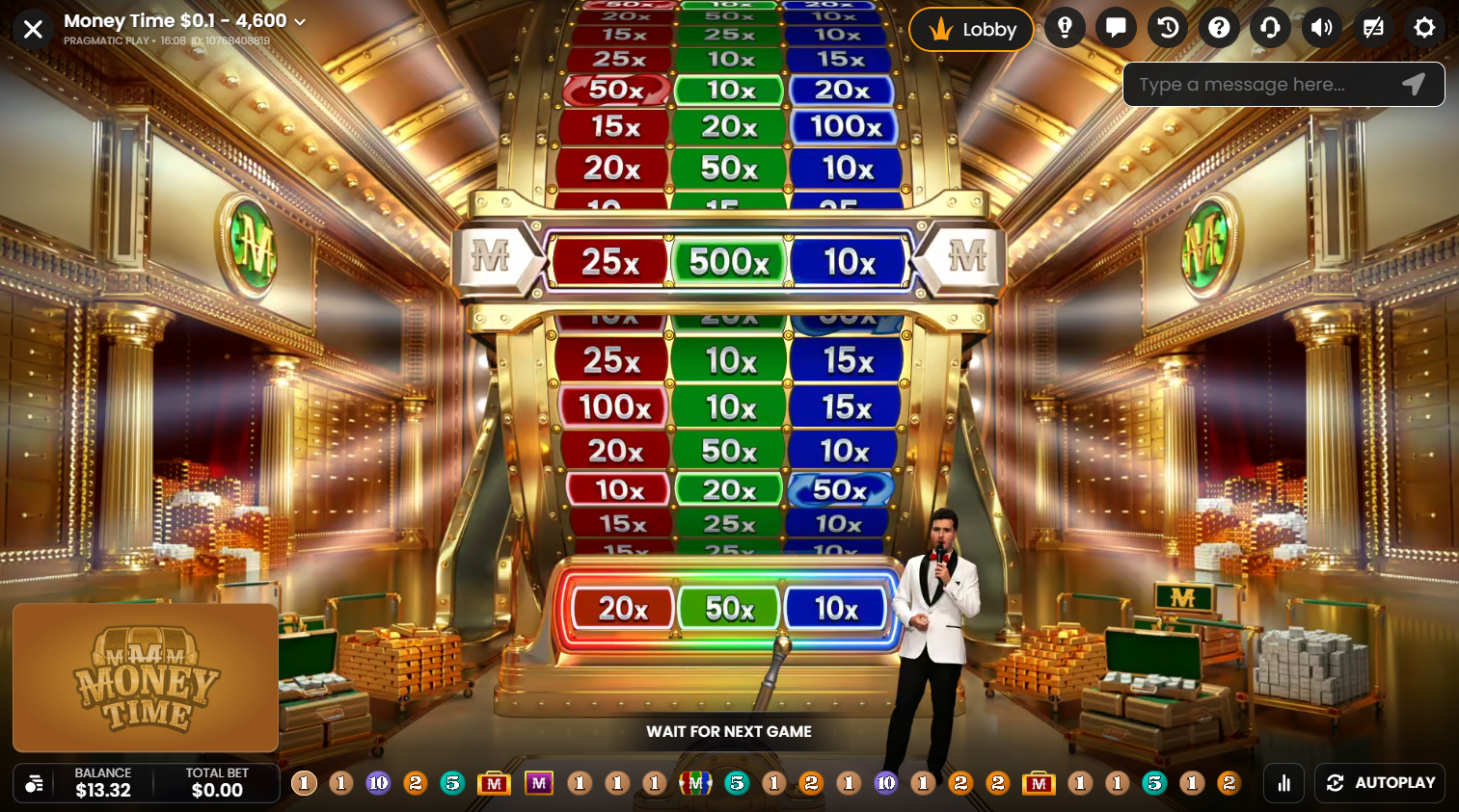 倍率付きの3色のリールを備えたPragmatic Play LiveのMoney Time Bonus、Flush