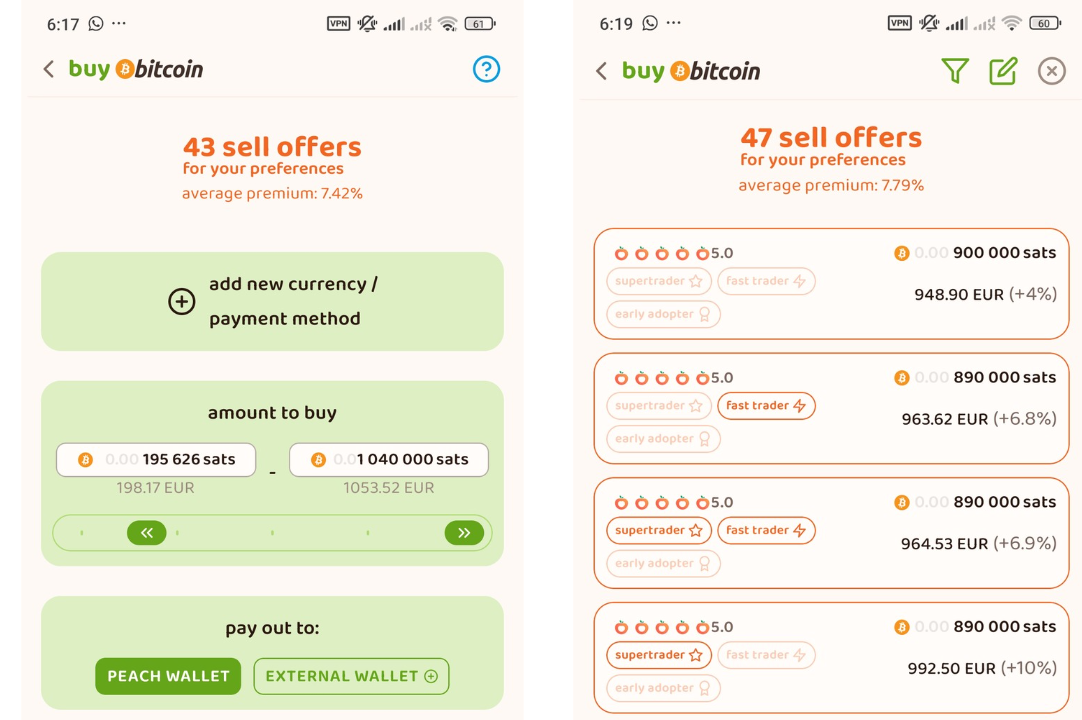 Trading offers to buy no-KYC Bitcoin with a filtering window for specific parameters on Peach Bitcoin's P2P platform - Flush