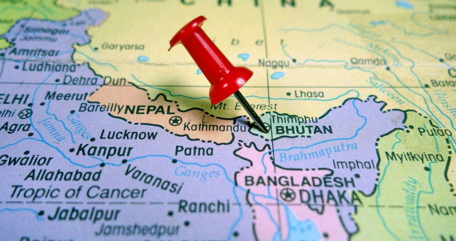 Map of Asia, depicting Bhutan at the center and the surrounding countries