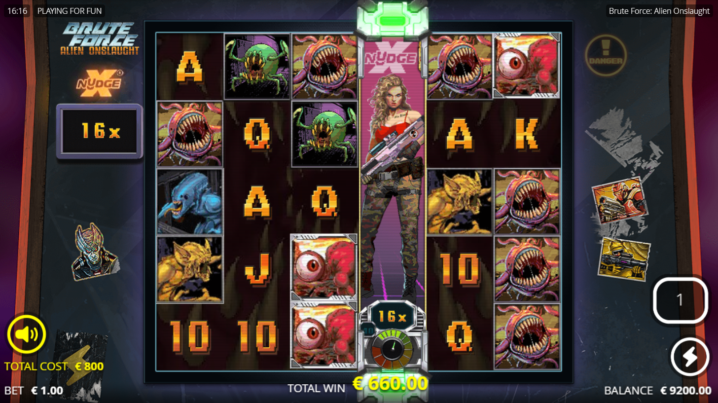 Nolimit CityのBrute Force: Alien OnslaughtスロットのStellar Punishment spins。16xのxNudge Wild、Flush