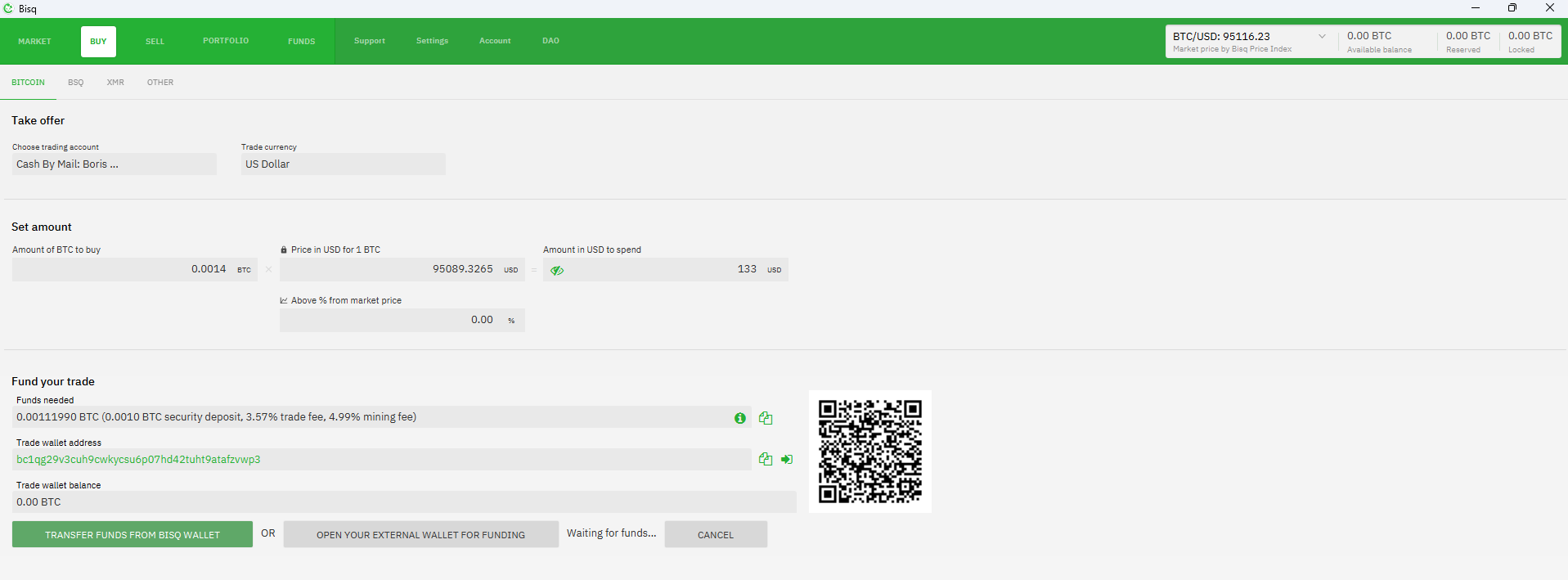 Cash by Mail 방식의 Bisq Bitcoin-USD 거래 오퍼, Bisq 또는 외부 지갑에서 보증금을 요청하는 화면 - Flush