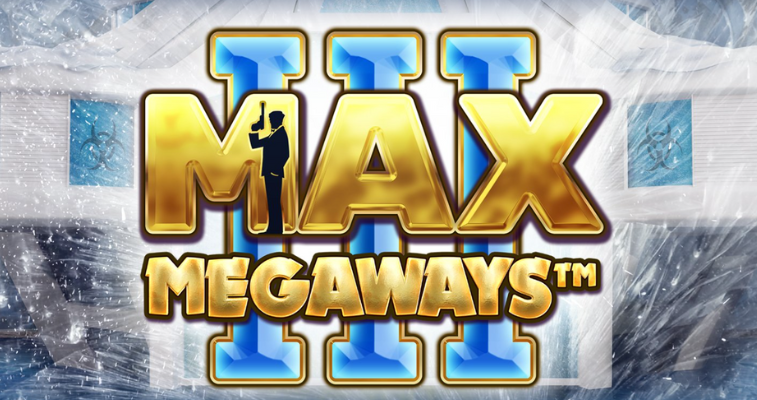 Big Time Gaming の Max Megaways 3 スロット - 辺境の惑星にある雪に覆われた基地と、手前に配置されたゲームロゴ - Flush