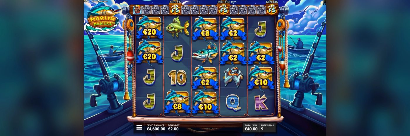 Marlin Masters OG free spins screenshot, showing the Marlin Progress Bar with MIN X4, MIN X10, and MIN X15 upgrade thresholds along the top, Lootlines cash values on several Marlin symbols, and 9 free spins remaining