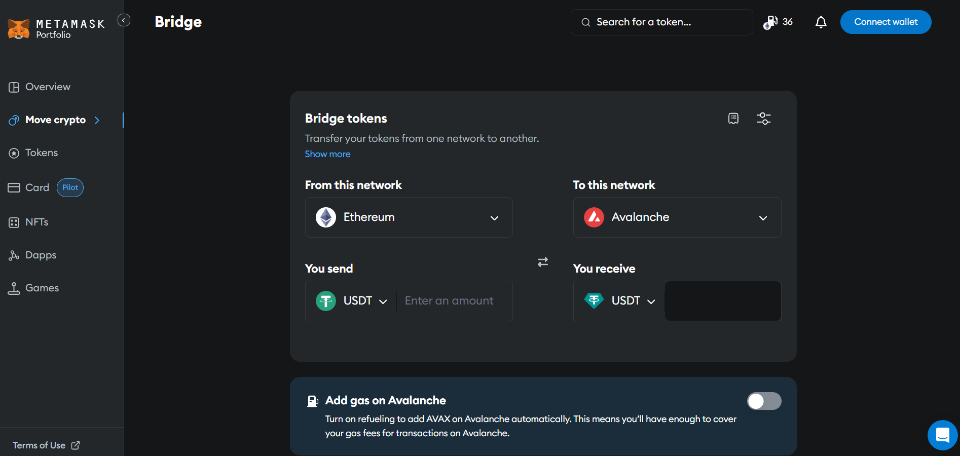 MetaMask bridge feature showing USDT being transferred from Ethereum to the Avalanche network in the Web 3 wallet - Flush