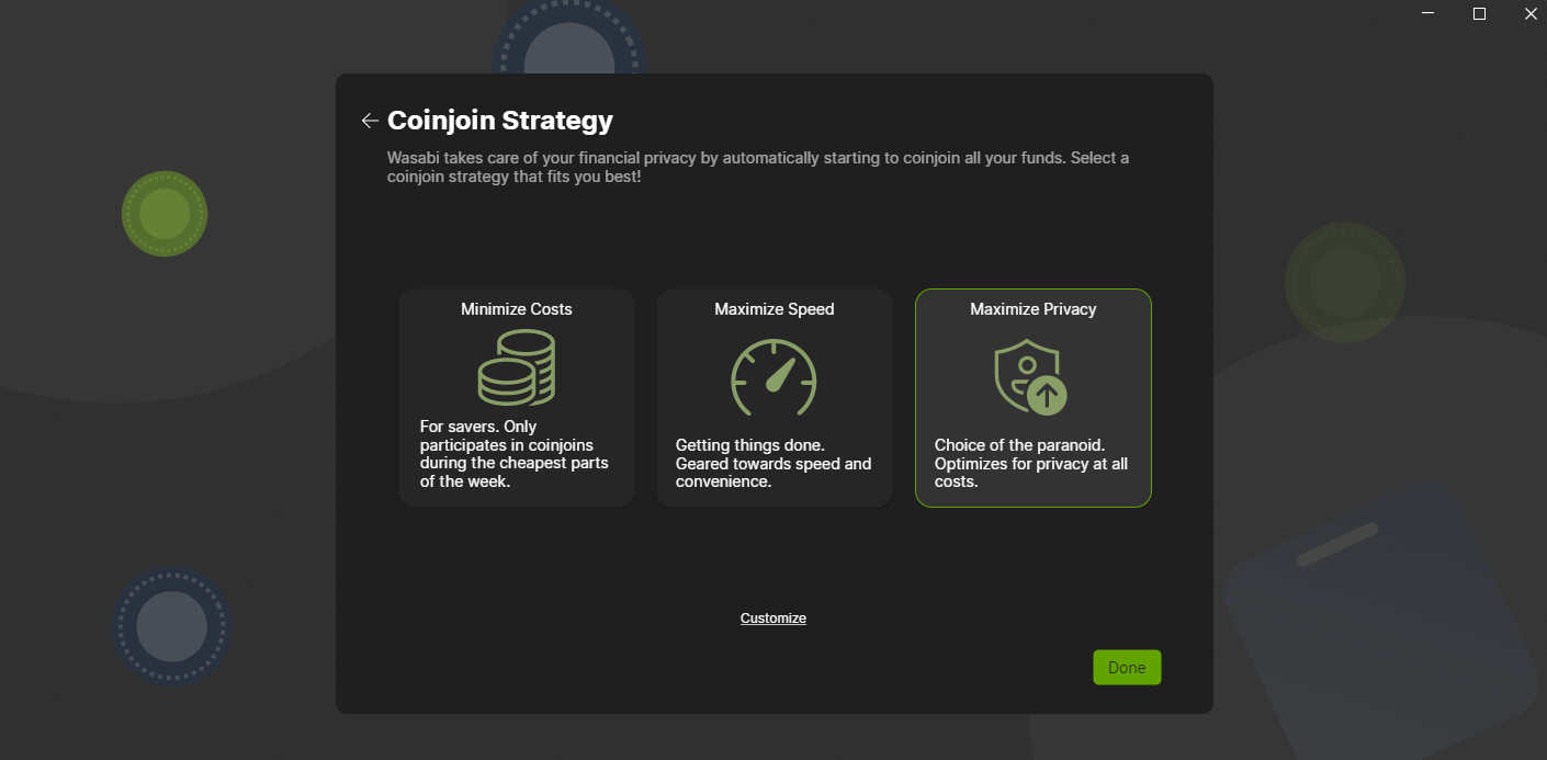 Wasabi Wallet interface showing Bitcoin CoinJoin strategy options: speed, cost, or privacy - Flush