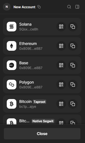 Phantom Wallet showing receiving addresses for Solana, Ethereum, Base, Polygon, and Bitcoin on a new account - Flush