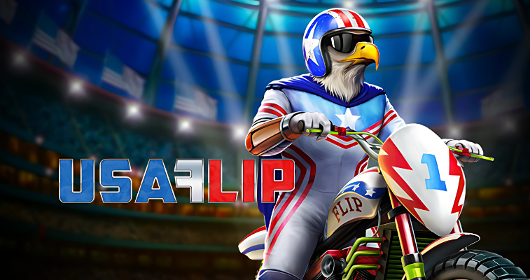 スタジアムの背景と手前のワシのマスコットが描かれたPlay’n GOのスロットUSA Flip、Flush
