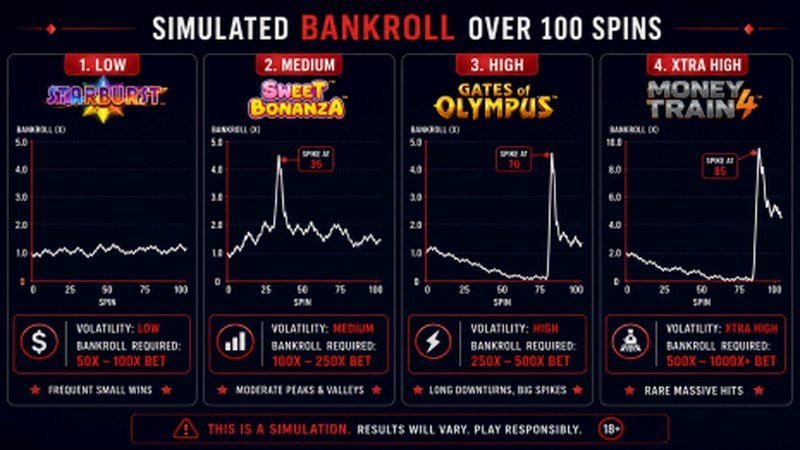 Simulated bankroll over 100 spins comparing low, medium, high, and Xtra High slot patterns across four sample games