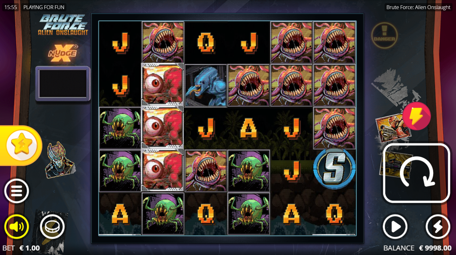 Nolimit CityのBrute Force: Alien Onslaughtスロットのベースゲーム。リールに高配当・低配当シンボルが並ぶ様子、Flush