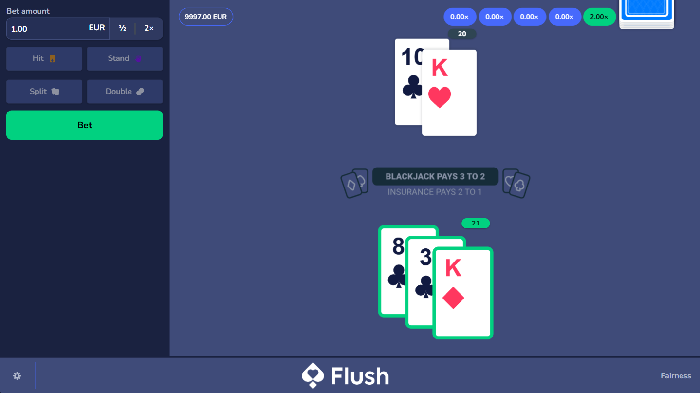 Flush OriginalsのBlackjack。21の勝ちハンドが表示された、クラシックな体験の画面。