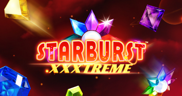 NetEnt の Starburst XXXtreme スロット:宇宙を背景にしたゲームロゴと高配当シンボル - Flush