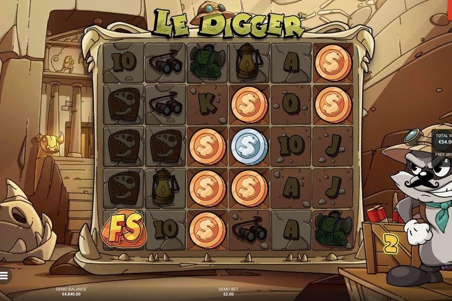 Le Diggerのフリースピンボーナスラウンド。機能中にスキャッターによるトリガーとマルチプライヤーの表示が重なっている
