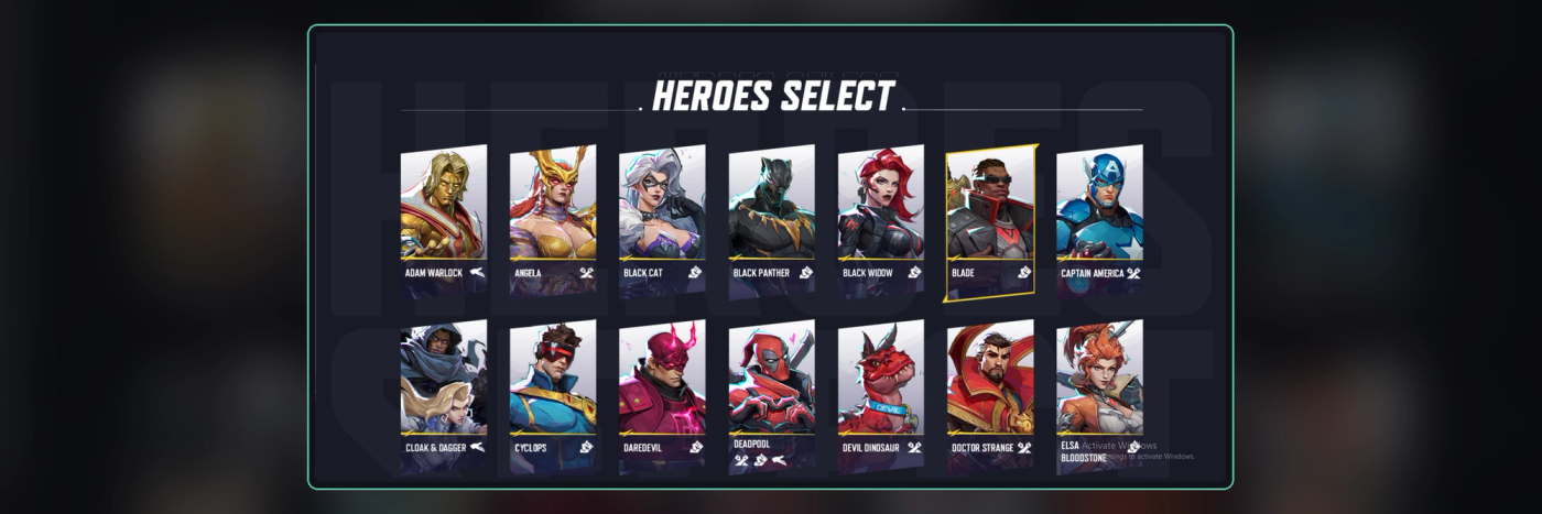 The Marvel Rivals hero select screen, showing the current playable roster.