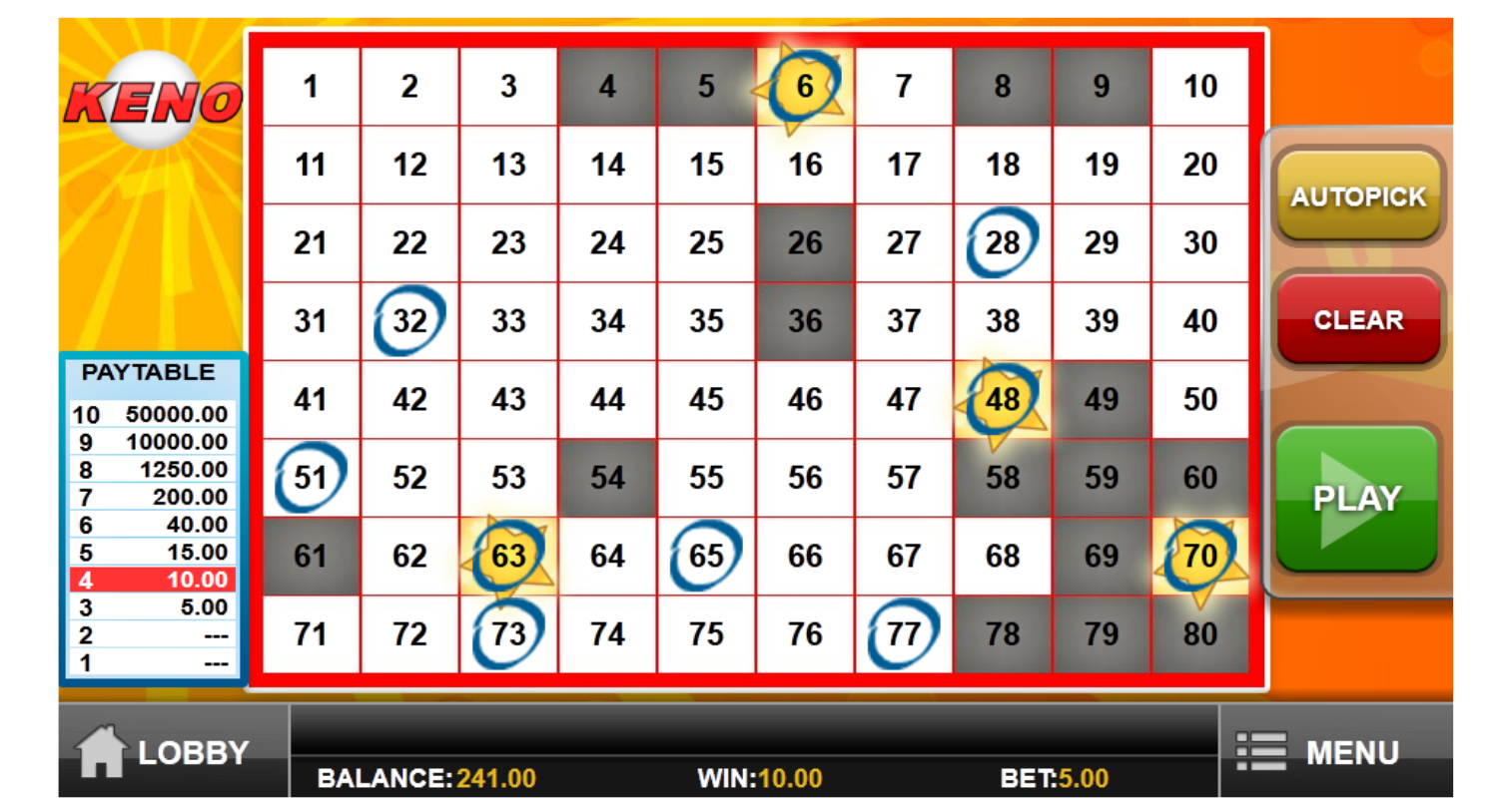 Online keno game board