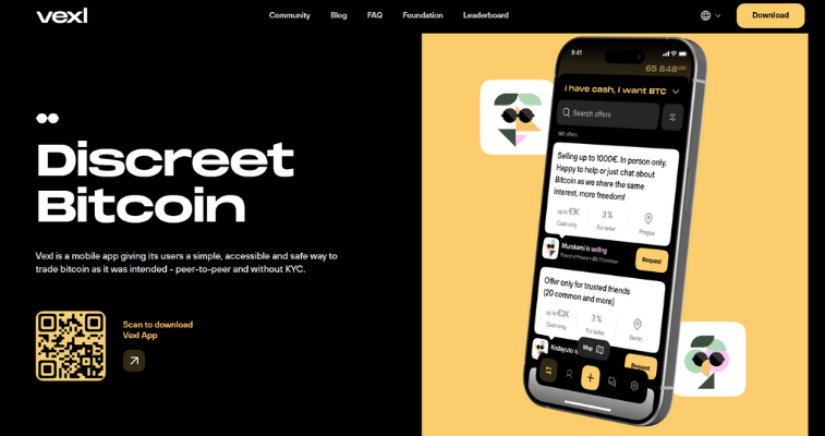 「Discreet Bitcoin」の文字、ダウンロードボタン、KYC不要のP2P Bitcoin取引アプリの画面を表示したVexlのウェブサイト - Flush。