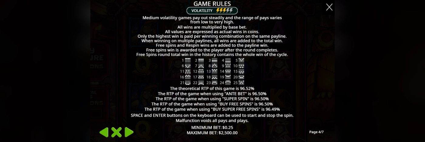 Out of the Woods in-game paytable page confirming Medium volatility and RTP across all five play modes, from 96.49% to 96.52%. 